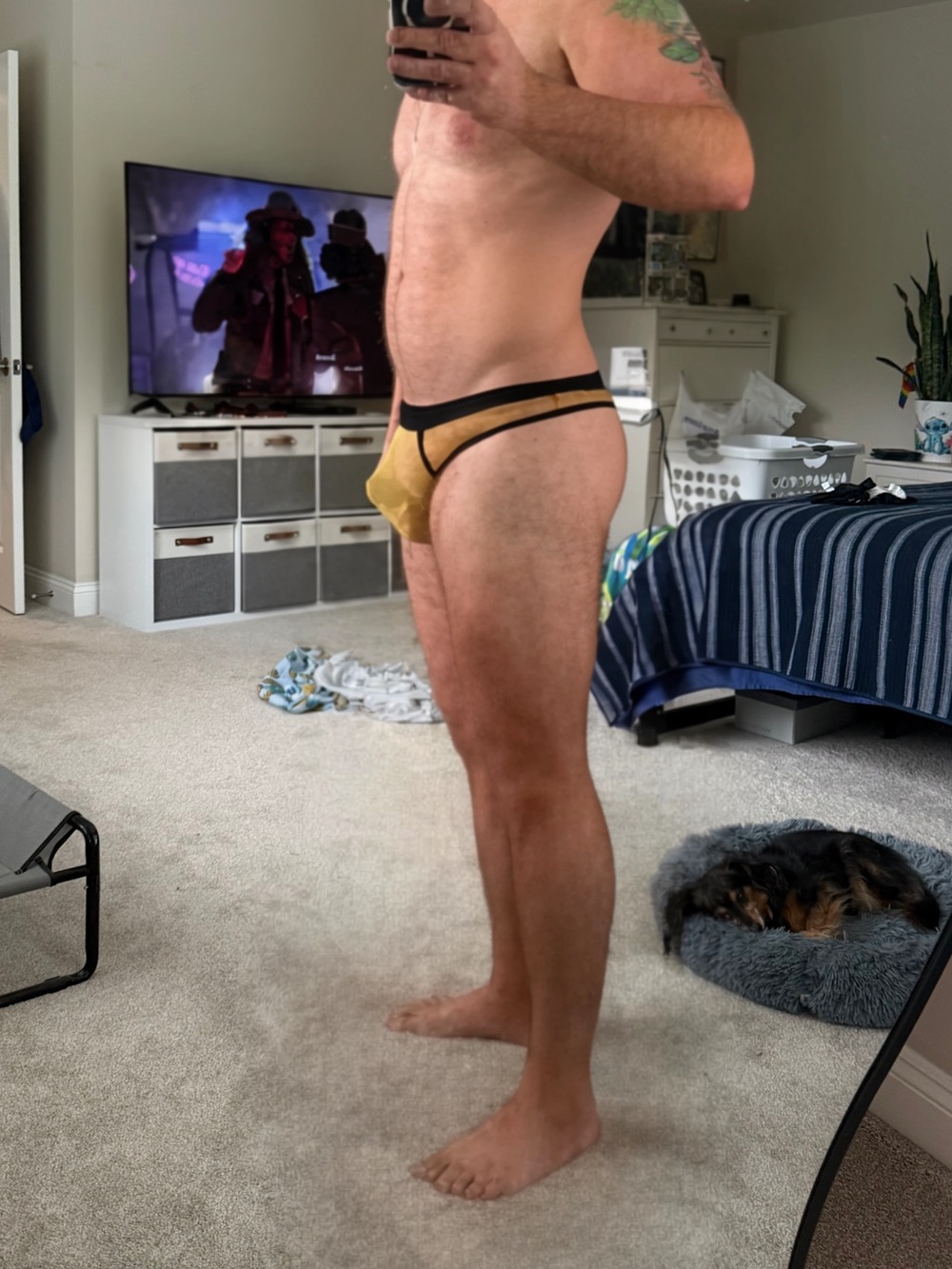 Men's Yellow Sheer Mesh Thong XL